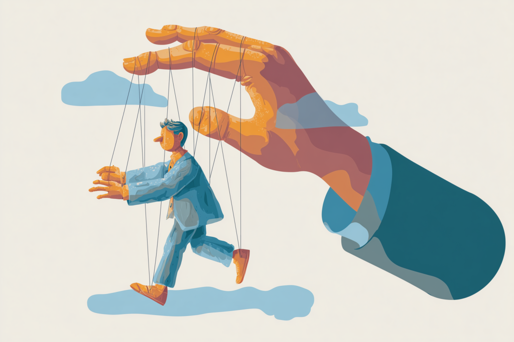 Image illustration manipulation with men being controlled by strings from a hand.