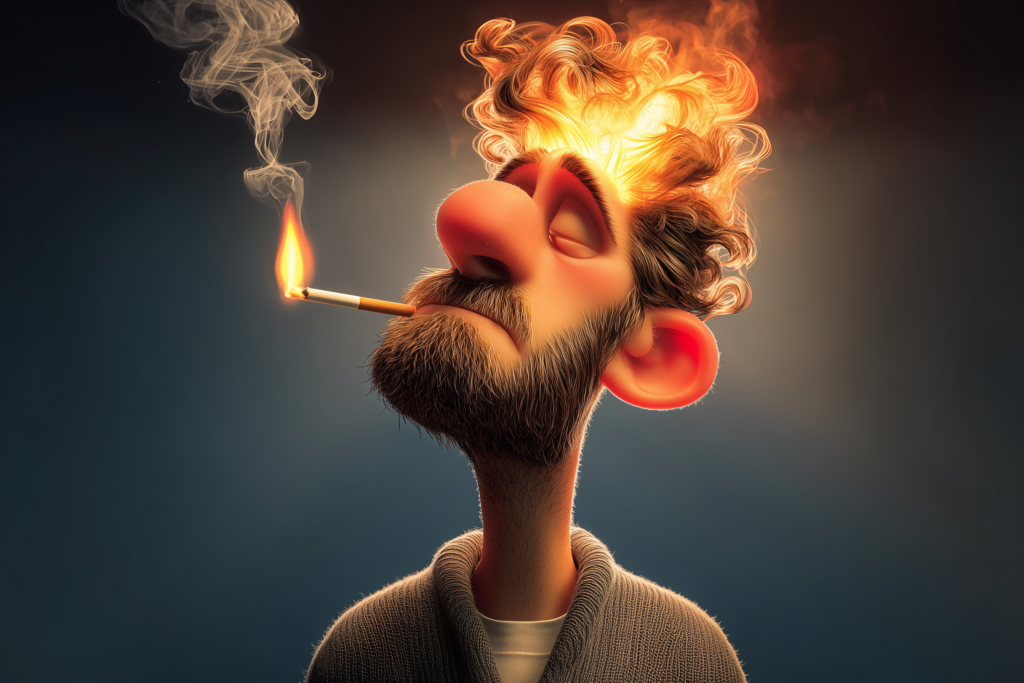Man with fire in his cigarette. . Claiming EMFs only cause heating is just as untrue as claiming cigarettes are only dangerous when causing heat and you're on fire.