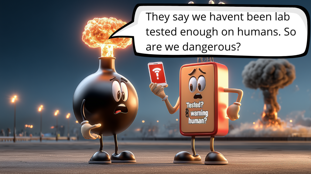 Humoristic cartoon on why they have done lab tests and not enough human tests.